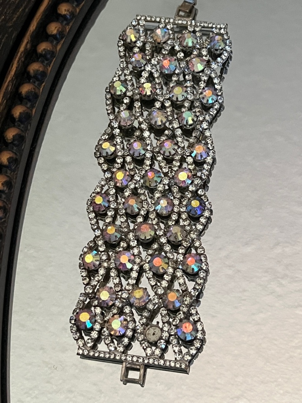 Vintage Four Row Aurora Borealis/Glass Rhinestone/Silver Wide Lattice Bracelet